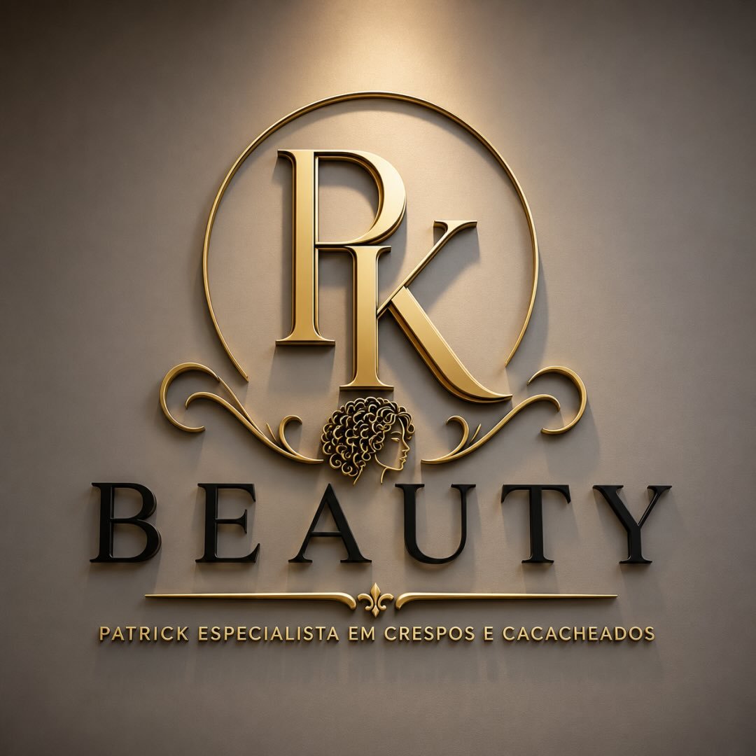 Logo do PK Beauty em dourado — Patrick, especialista em crespos e cacheados